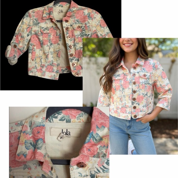 lola Jackets & Blazers - Lola Floral Cropped Jean Jacket in Cream, Pink, Green